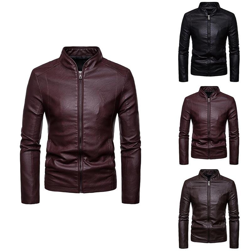 Men's Slim Stand Collar Leather Top Casual Waterproof Leather Jacket