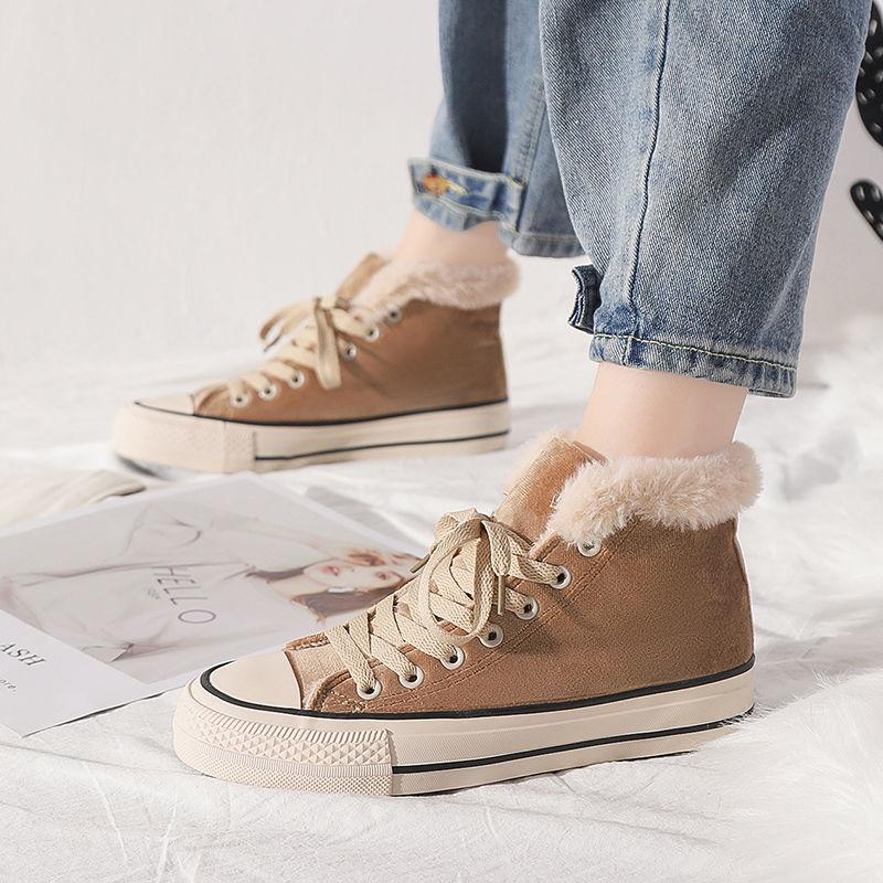Winter Cotton Shoes Women Korean Version of Wool Shoes Warm and Velvet Thick High-top Canvas Shoes