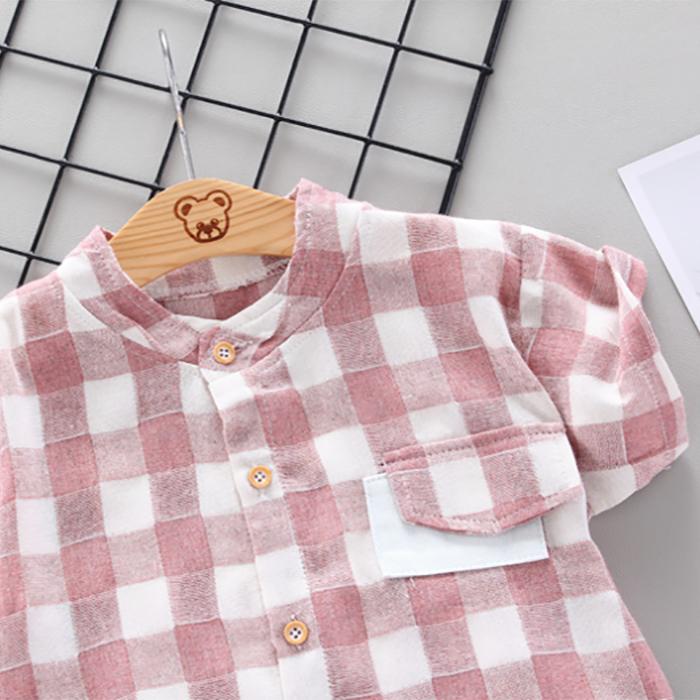 Children's Summer Wear Two Piece Set of Boys' and Girls' Korean Plaid Collar Short Sleeve Shirt and Shorts