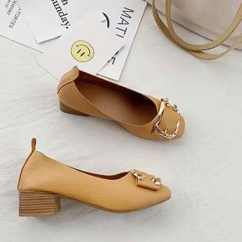 Breathable Casual Shoes Fairy Single Shoes Spring and Autumn Pumps Mid-heel Thick Heel Summer Beanie Shoes Leather Shoes Mother Shoes