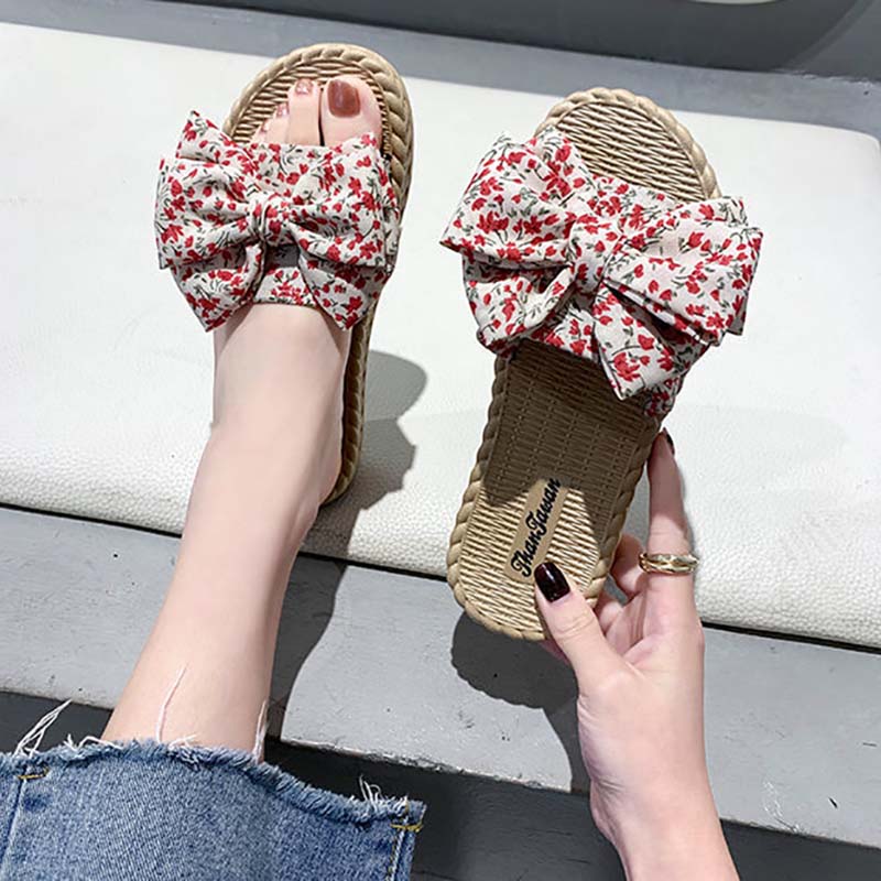 Slippers Women's Summer Bow Slippers Korean Wild Non-slip Student Flat Beach Sandals Slippers