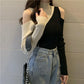 Fashion Design Contrast Sweater Strapless Sexy Long-sleeved Sweater Women's Half High Neck Bottoming Top