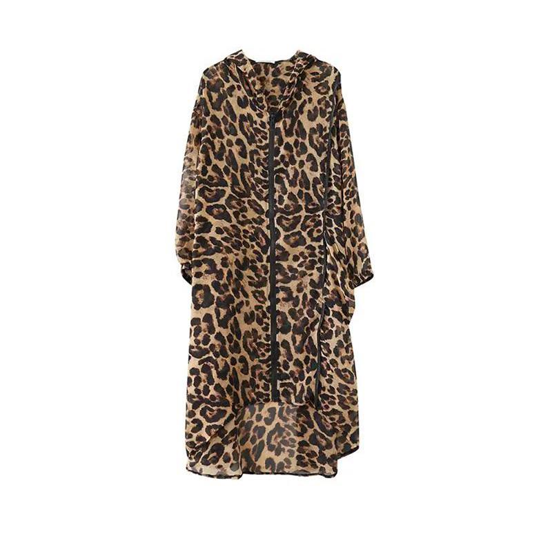 WTEMPO Large Size Chiffon Leopard Print Coat Long-sleeved Irregular Mid-calf Length Sun Protection Clothing Zipper Hooded