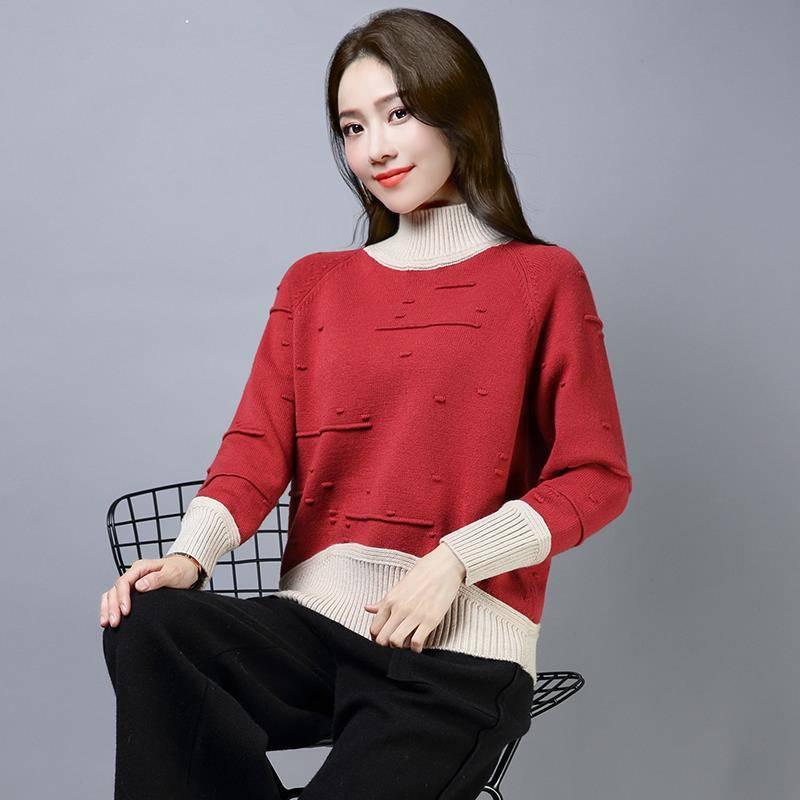Pofulove Autumn Winter Women's Half-high Collar Knitted Outerwear Short Loose Sweater Base Shirts