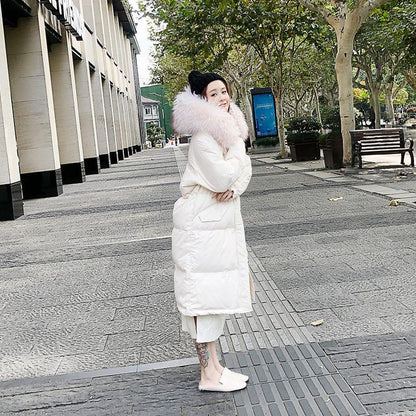 Fashion Hooded Fur Collar Women's Down Jacket Autumn and Winter Plus Velvet Thickening Warm Loose Casual White Duck Down Down Jacket