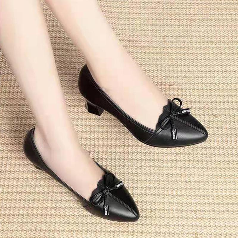 Black Soft Leather Non-slip Comfortable Single Shoes Low-heeled Women's Shoes Thick-heeled All-match Work Leather Shoes