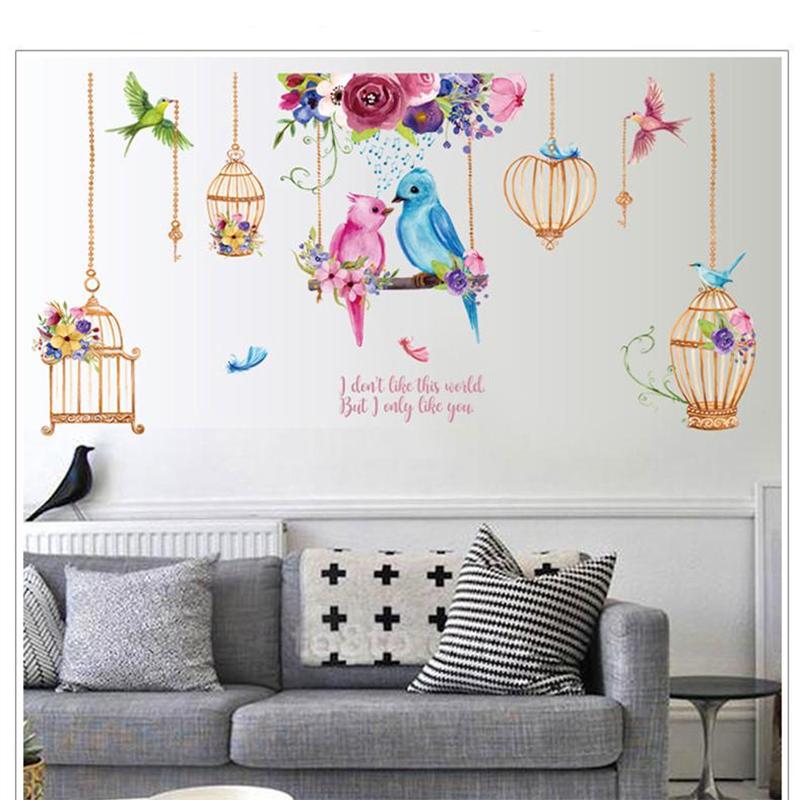 Color Flower Bird Cage Wall Stickers Removable I Like You Romantic Wallpaper