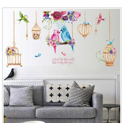 Color Flower Bird Cage Wall Stickers Removable I Like You Romantic Wallpaper