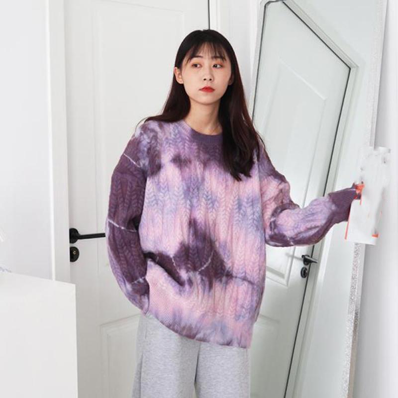 Tie-dye Sweater Women Autumn  Winter Wear Long-sleeved Loose Retro Twist Pullover Sweater Thick Top