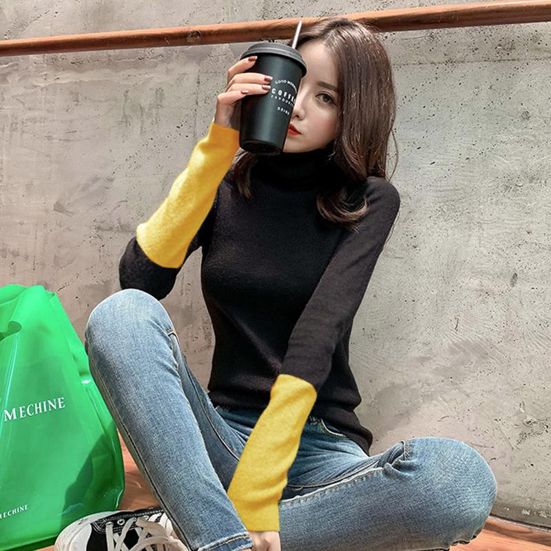 PofuLove Winter Long-sleeved Slim-fit Color-block Turtleneck Reversible Plus Velvet Bottoming Shirt