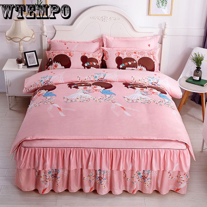 Simple Style Printing Bedspread Cotton Bed Skirt Pillowcase Bedding Bed Sets Queen King Size