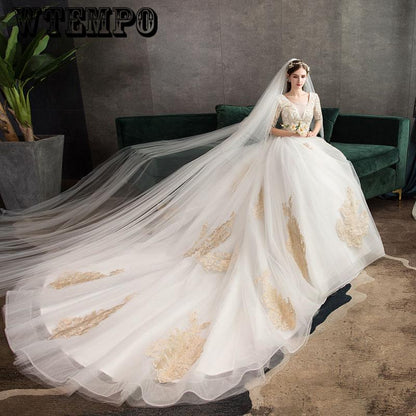 Gorgeous Ball Gown V Neck tassel Sleeves Lace Champagne Long Wedding Dresses Bridal Gown