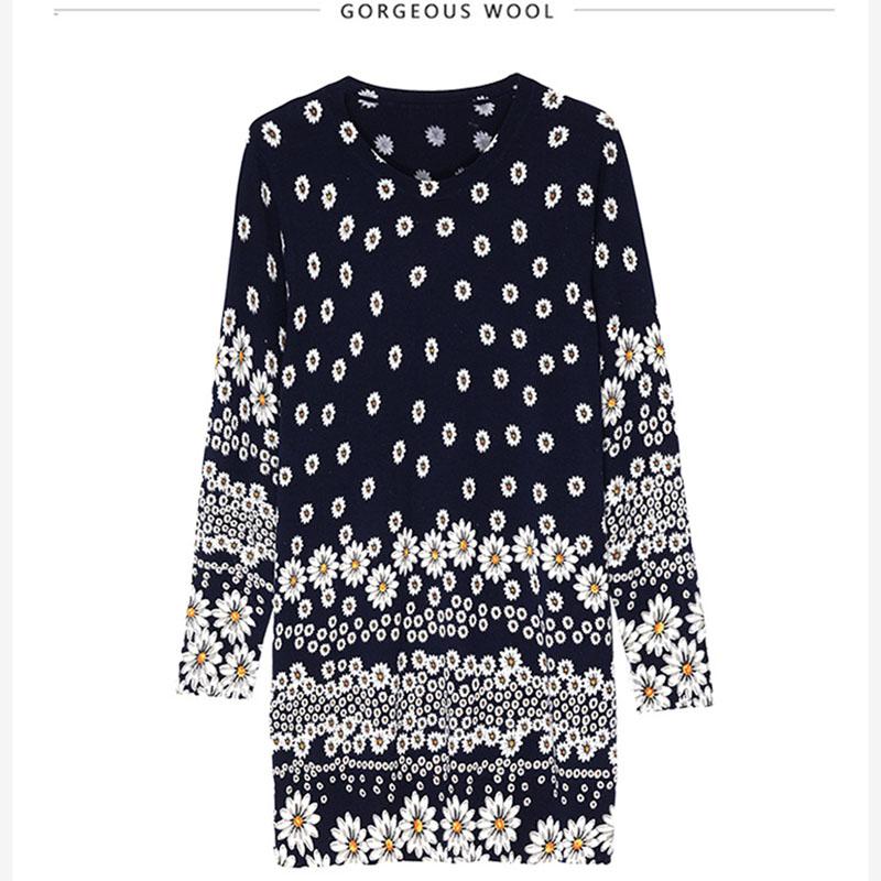 Floral Print Sweater Dress Women Autumn Winter  Knitted Pullover O-Neck Long Sleeve Long Knit Dress