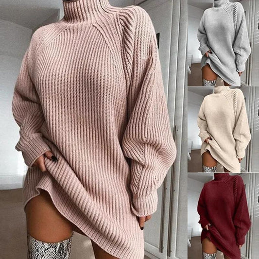 Ladies Half-neck Oversized Sweater Long Solid Color  Autumn and Winter Warm Elegant Sweater Dress