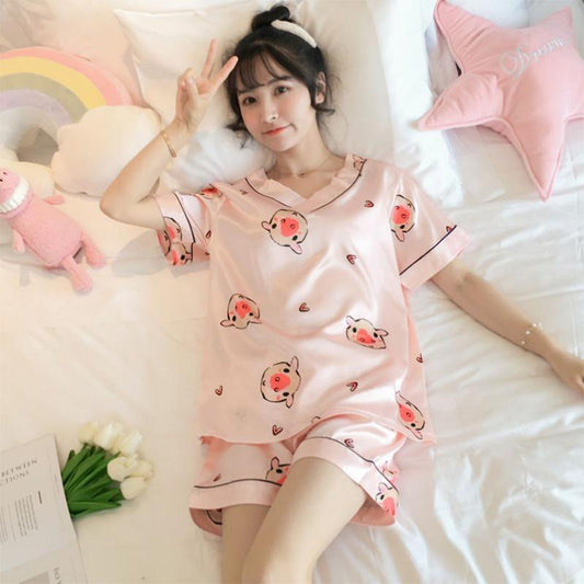 Pajamas Women's Summer Ice Silk Short-sleeved Korean Thin Section Simulation Silk Summer Pajamas Large Size Home Service Suit