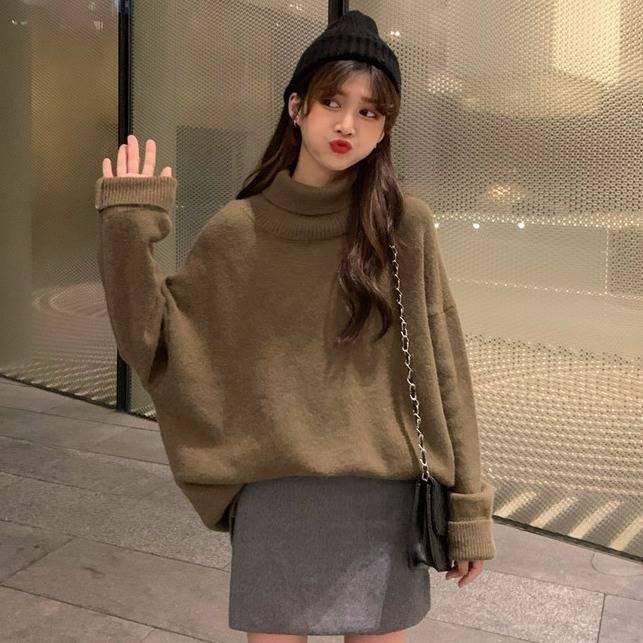 Pofulove Winter Warm Thick Turtleneck Sweaters Girl Student Loose Pullover Solid Color Coat Sweater