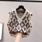 Autumn and Winter Diamond Plaid Retro Sweater Vest Sweater Women's Vest Cartoon Loose V-neck Waistcoat Waistcoat Ladies Sleeveless Thin Sweater