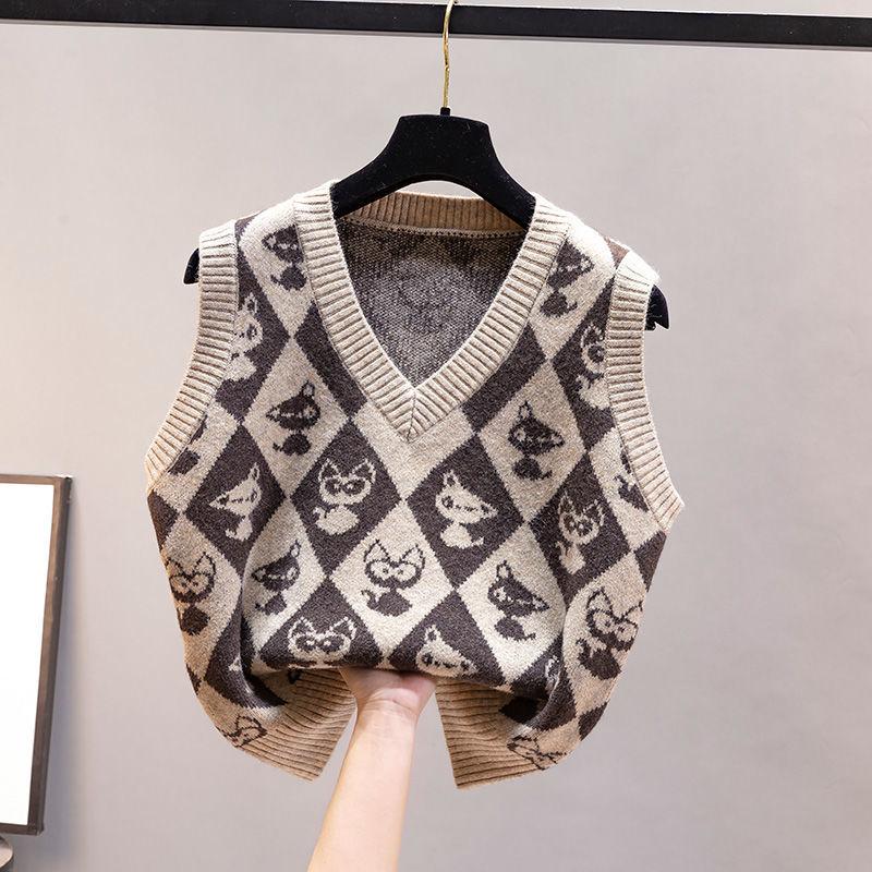 Autumn and Winter Diamond Plaid Retro Sweater Vest Sweater Women's Vest Cartoon Loose V-neck Waistcoat Waistcoat Ladies Sleeveless Thin Sweater