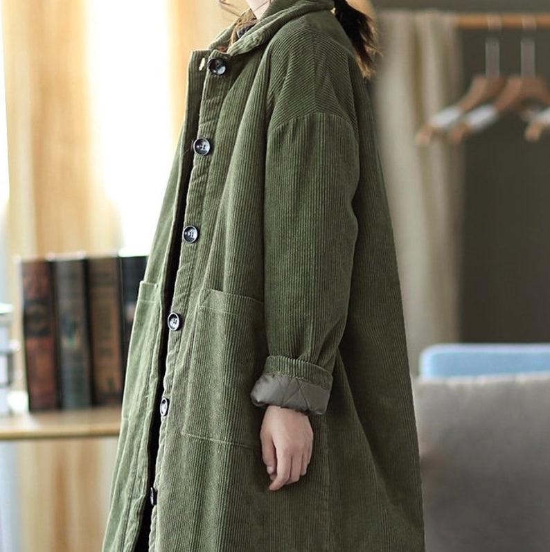 Winter Thick Corduroy Long Coat Mid-length Large Size Warm Jacket Ladies Corduroy Windbreaker Large Size Corduroy Handmade Trench Coat