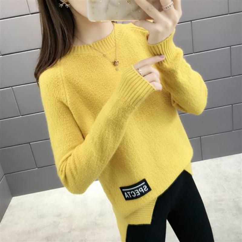 Pofulove Winter Round Neck Sweater Women's Short Loose Fashion Pullover Knit Thick Bottoming Shirt