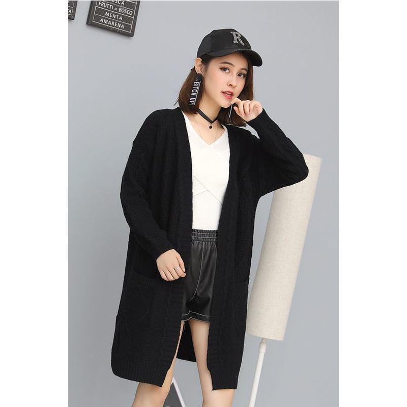 Autumn and Winter Casual Pocket Coat Mid-length Loose Long-sleeved Sweater Solid Color Twist V-neck Cardigan