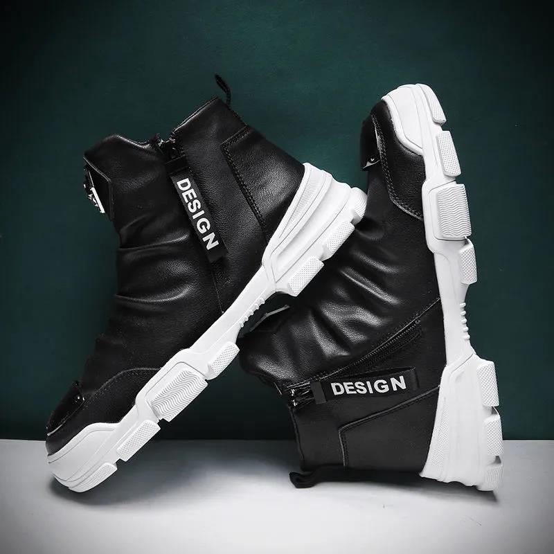 Men's Fashion Korean Leather Boots Increase Personality Cowboy Boots Male British Youth High-top Shoes