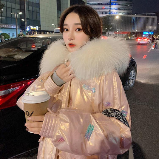 Glossy Down Padded Jacket Women Short Winter Fluffy Big Fur Collar Hooded Loose Padded Padded Jacket Winter Loose Bread Short Padded Jacket