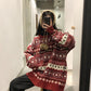 Autumn  Winter Red Jacquard Christmas Sweater Women's Loose Pullover Sweater Snowflake Print Knitted Sweater Outwear