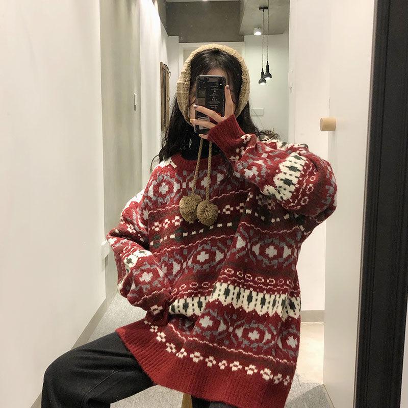 Autumn  Winter Red Jacquard Christmas Sweater Women's Loose Pullover Sweater Snowflake Print Knitted Sweater Outwear