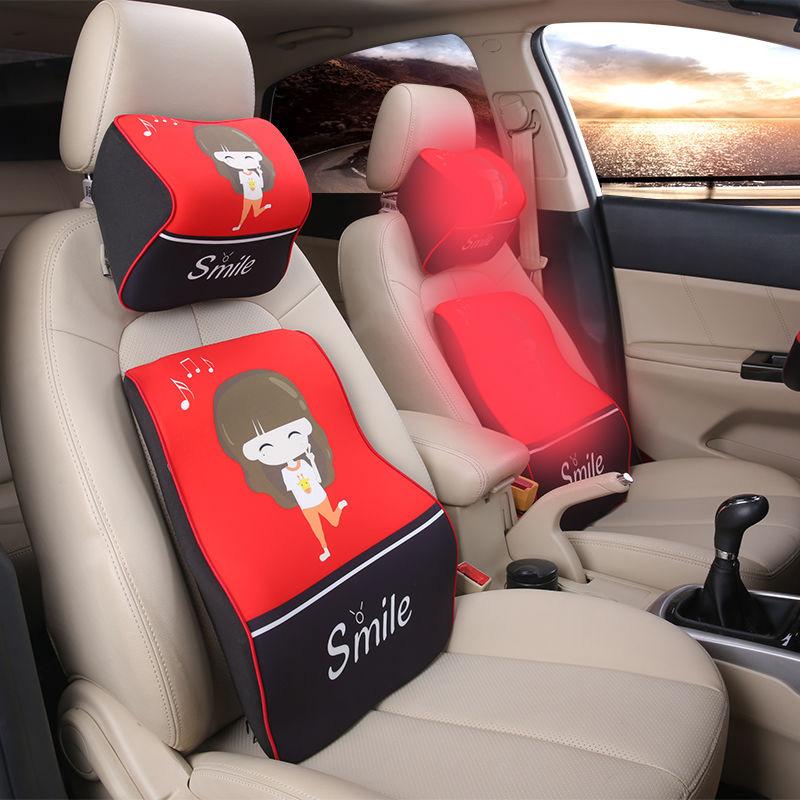 Little Girl Printing Car Neck Pillow and Lumbar Pillow Set Seat Support Pillow Breathable Spine Protection Tool