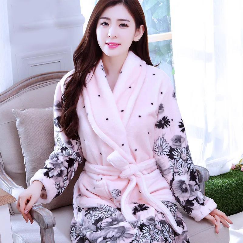 Ladies Pink Pajamas Daisy Print Bathrobe Winter Thick Warm Homewear Home Clothes Quick-drying Robe Coat Long