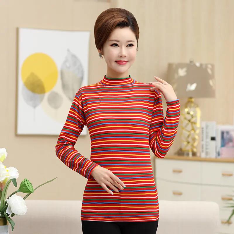 Mom Spring and Autumn Long Sleeve T-Shirt Striped Top Short Casual Bottoming Shirt