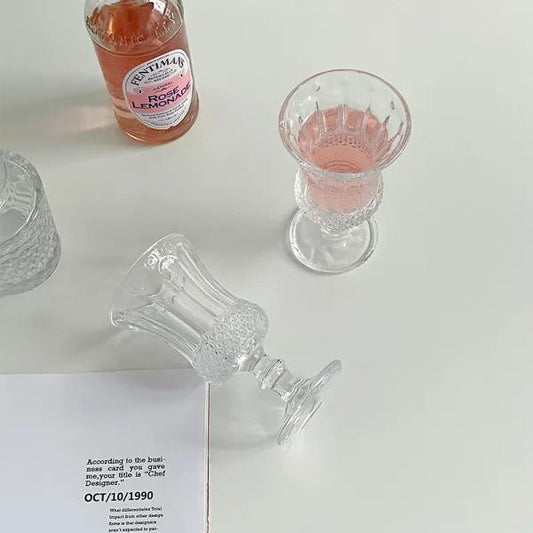 Ins Retro Embossed Goblet Transparent Glass Red Wine Champagne Glass High-value Cold Drink Glass