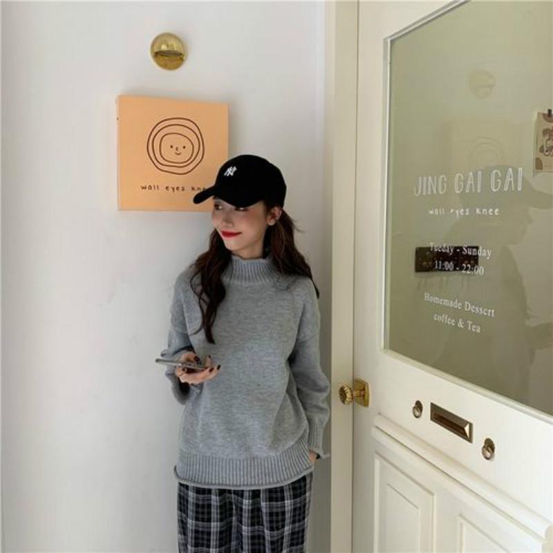 Pofulove sweater women autumn and winter students loose half turtleneck knitted soft milk blue top