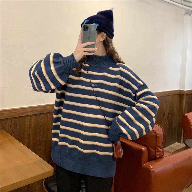 Women Striped Sweaters contrast pullover long sleeve Vintage Plus Size loose Knit Sweaters warm