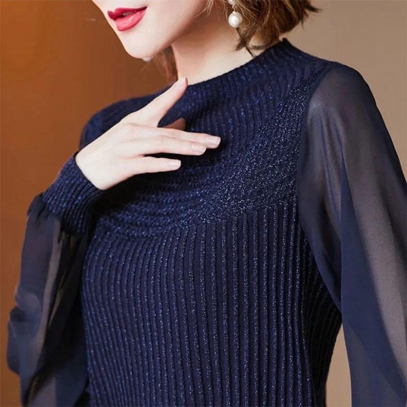 Temperament Lantern Sleeve Ladies Top Wear Mesh Half Turtleneck Knit Bottoming Shirt Long Sleeve Thin