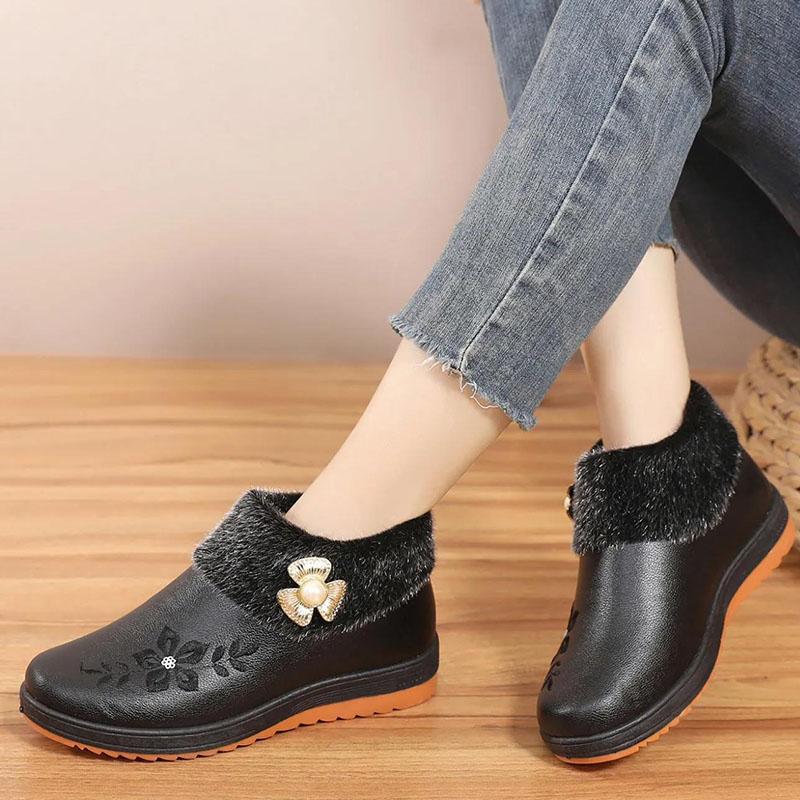 Winter Cotton Shoes Women PU Waterproof Non-slip Thick Warmth and Cotton Leather Boots Flat Shoes Women