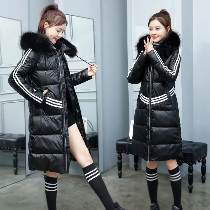 Women's Glossy Loose Down Jacket Mid-length Korean Thick Coat Warm Cotton Coat with Big Fur Collar Winter Quilted Jacket