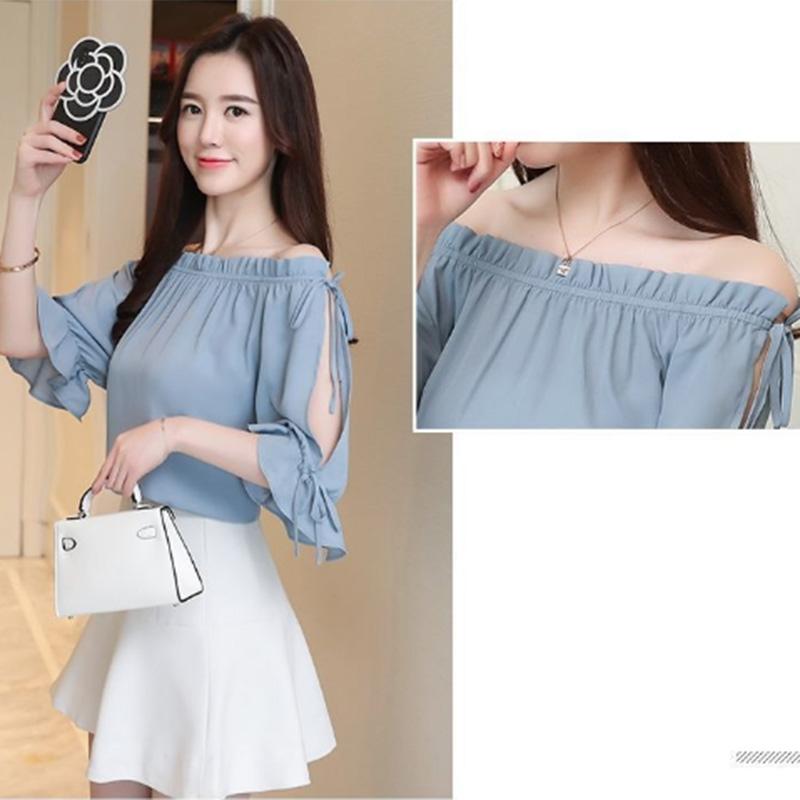Summer Chiffon Shirt Female Fairy Air Age Reduction Solid Color T-shirt Fashion Loose Style Cool and Thin One-word Collar Strapless Top Women's