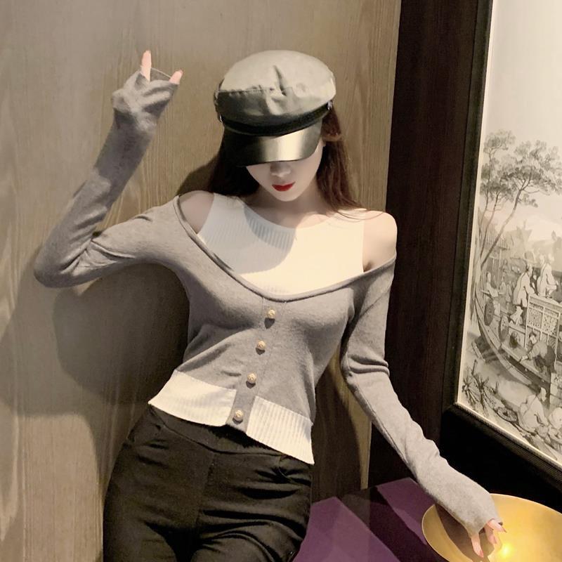 Spring and Autumn Fashion One-shoulder Top Slim Long-sleeved Sexy Sweater Fashion Stitching Strapless Jacket