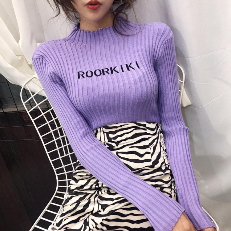 Pofulove Retro Slim Long Sleeve Pullover Half Turtleneck Lettering Sweater Knit Sweater Top