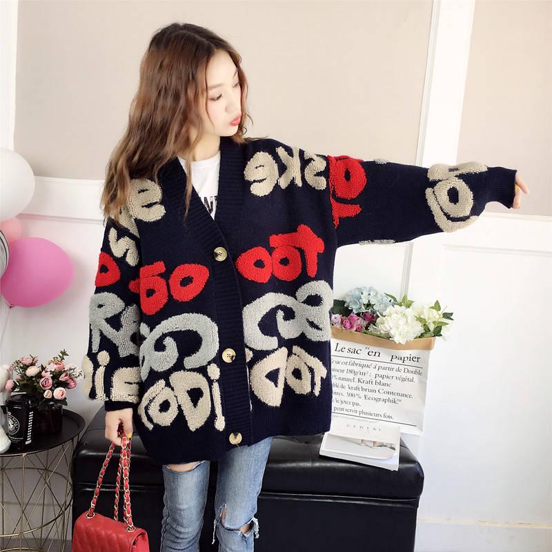 Autumn and Winter Women's Letters Loose Knitted Jacket Long-sleeved Sweater Cardigan Women