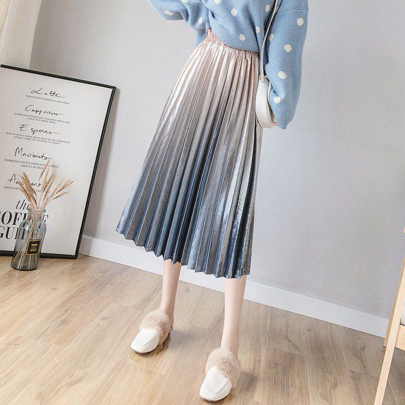 Spring Women Long Metallic Silver Maxi Pleated Midi Skirt High Waist Elascity Casual Party Skirt