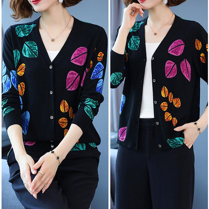 3D Leaf Printed Cardigan Women High-end Plus Size Cardigan  Short Knitted Jacket Wool Cardigan  Outer Wear