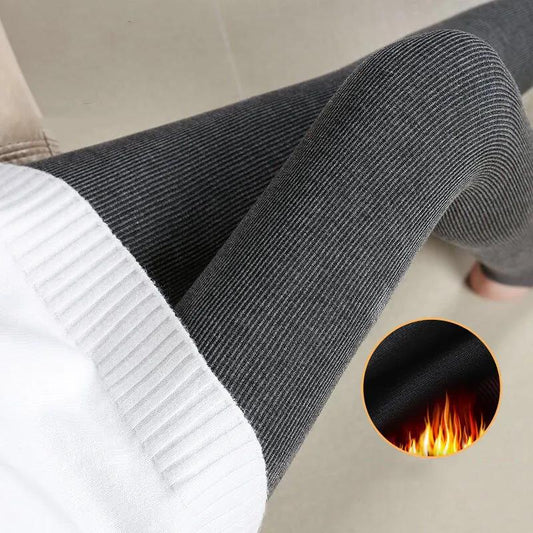 Warm and Velvet Padded Leggings Women's Outer Wear Was Thin Warm Pants Cotton Vertical Strips High Waist Step-on-the-foot Pantyhose