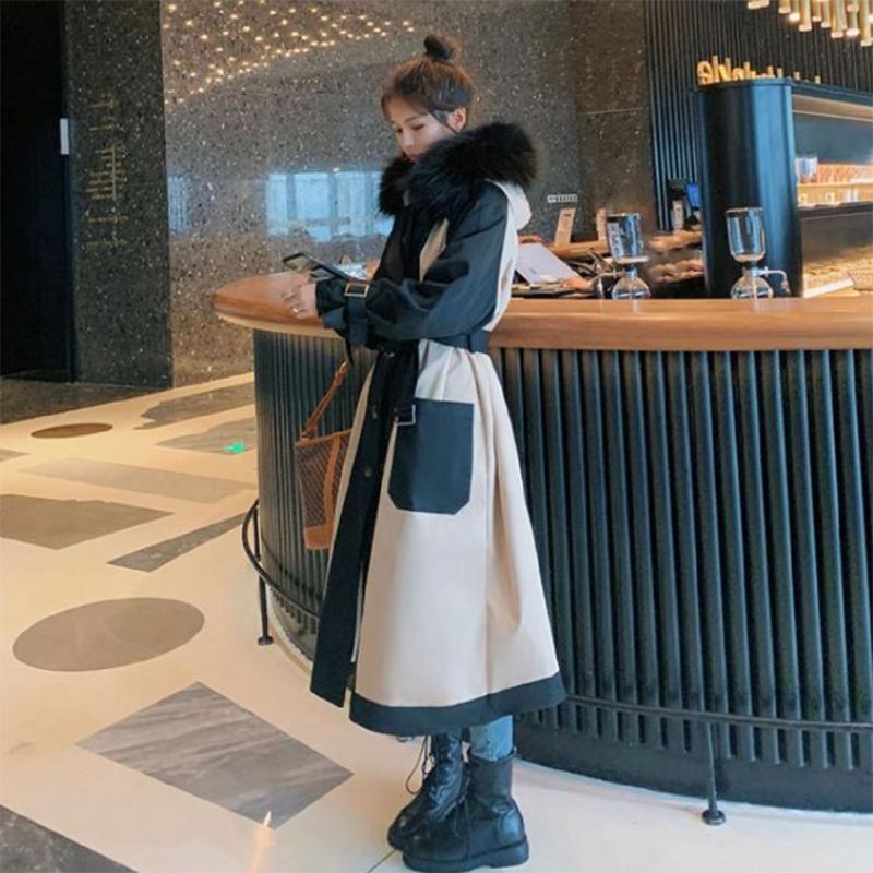 Women's Solid Color Embroidered Down Jacket Mid-length Korean Style Loose Thick Coat Warm Cotton Coat Large Fur Collar Winter Quilted Jacket