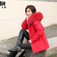 Women's Solid Color Hooded Down Jacket Regular Korean Loose Thick Coat Warm Cotton Coat Large Leather Collar Winter Coat Quilted Coat