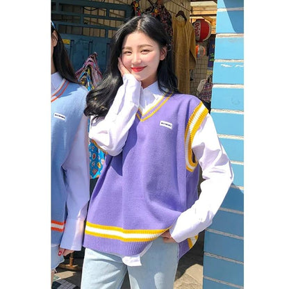 Spring and Autumn Sleeveless Knit Vest Vest Girl Student Loose All-match Sweater