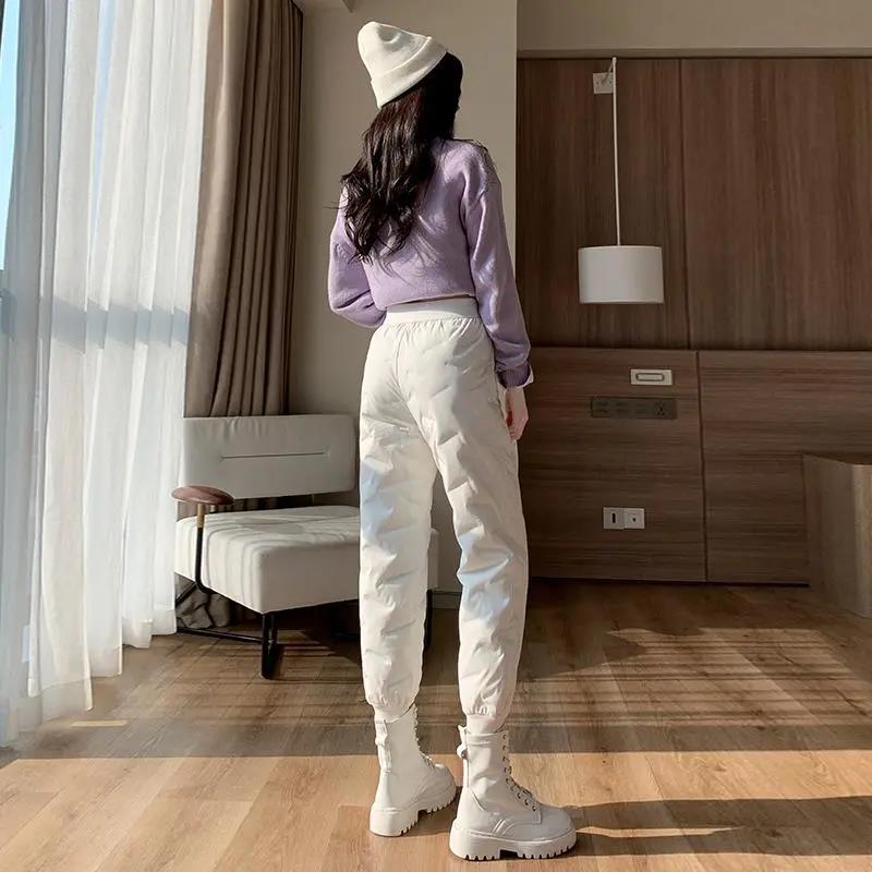 Down Cotton Trousers for Women's Outer Wear Fashion Plus Velvet Thickening Winter Models with Waistband, Leisure and Thin Warm Cotton Trousers