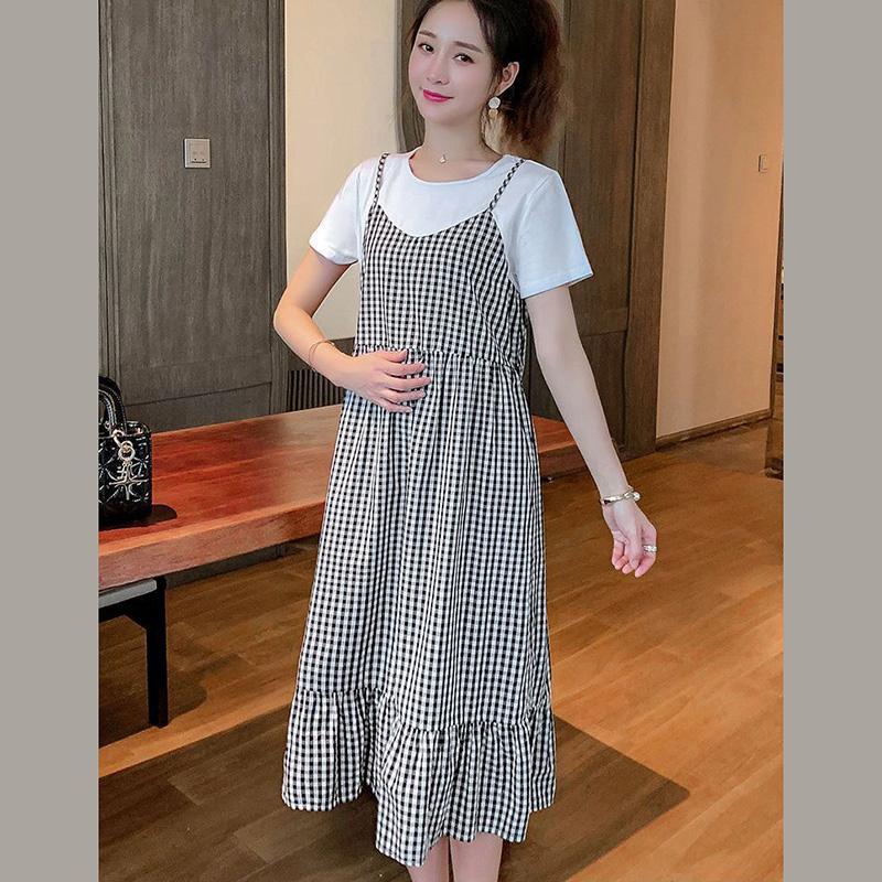 Maternity Clothes Short Sleeve Dress Mid-length Black Lace Loose Plus Size Mesh Round Neck Splicing Ruffle Skirt